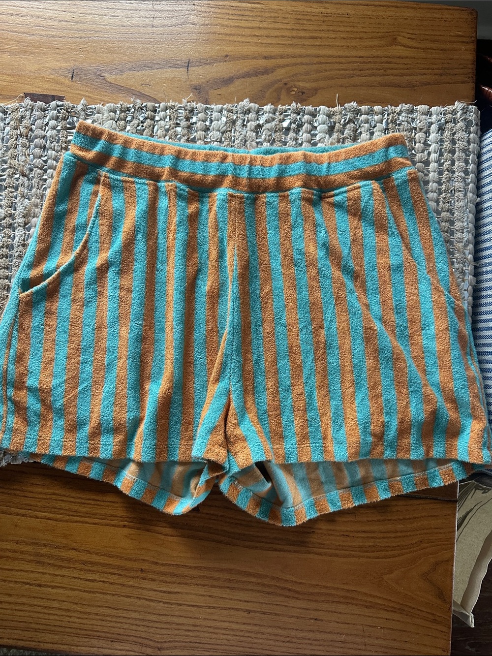 KULE Orange & Teal Striped Terry Shorts - matching pullover also for sale